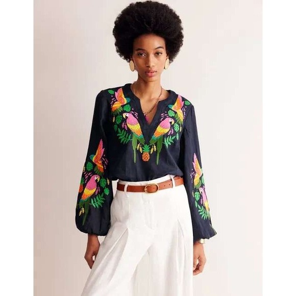Boden Tops - Boden Bonnie Linen Top Navy Blue Parrot Pineapple Embroidered Blouse US 6